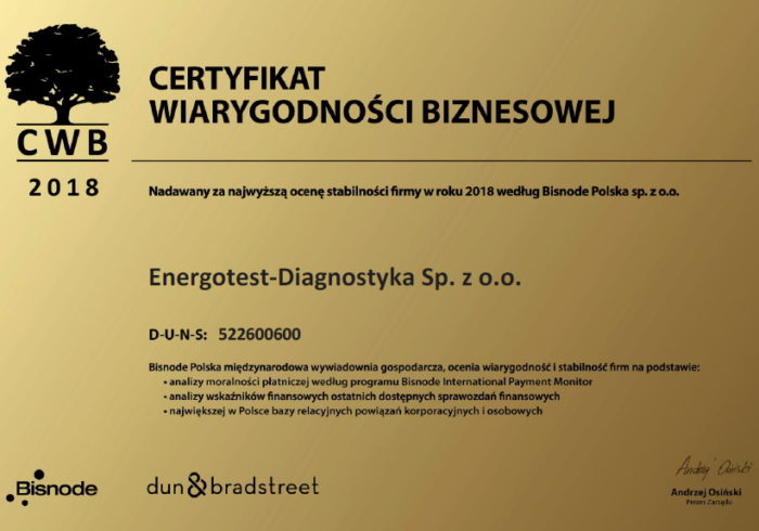 Certyfikat Wiarygodności Biznesowej Energotest-Diagnostyka 2018