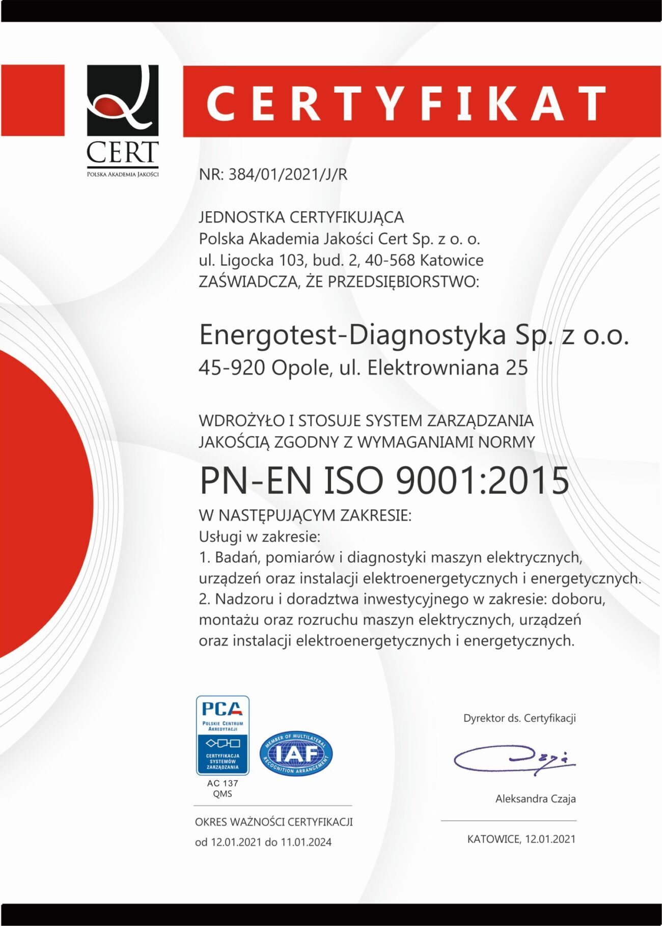 Energotest-Diagnostyka Certyfikat PN-EN ISO 9001:2015 PL 2021-2024