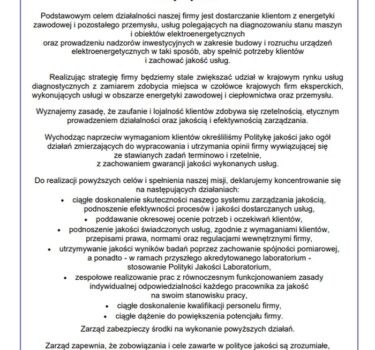Polityka Jakości Energotest-Diagnostyka Sp. z o.o.